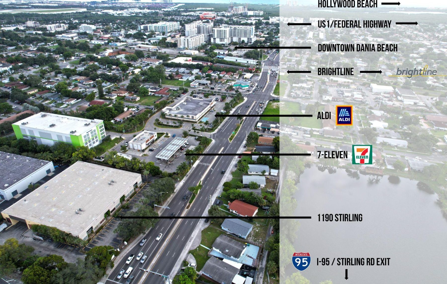 Annotated aerial along Stirling Road showing 1190 Stirling, 7-Eleven, ALDI, Brightline, Downtown Dania Beach, US 1, Hollywood Beach and the I-95 exit