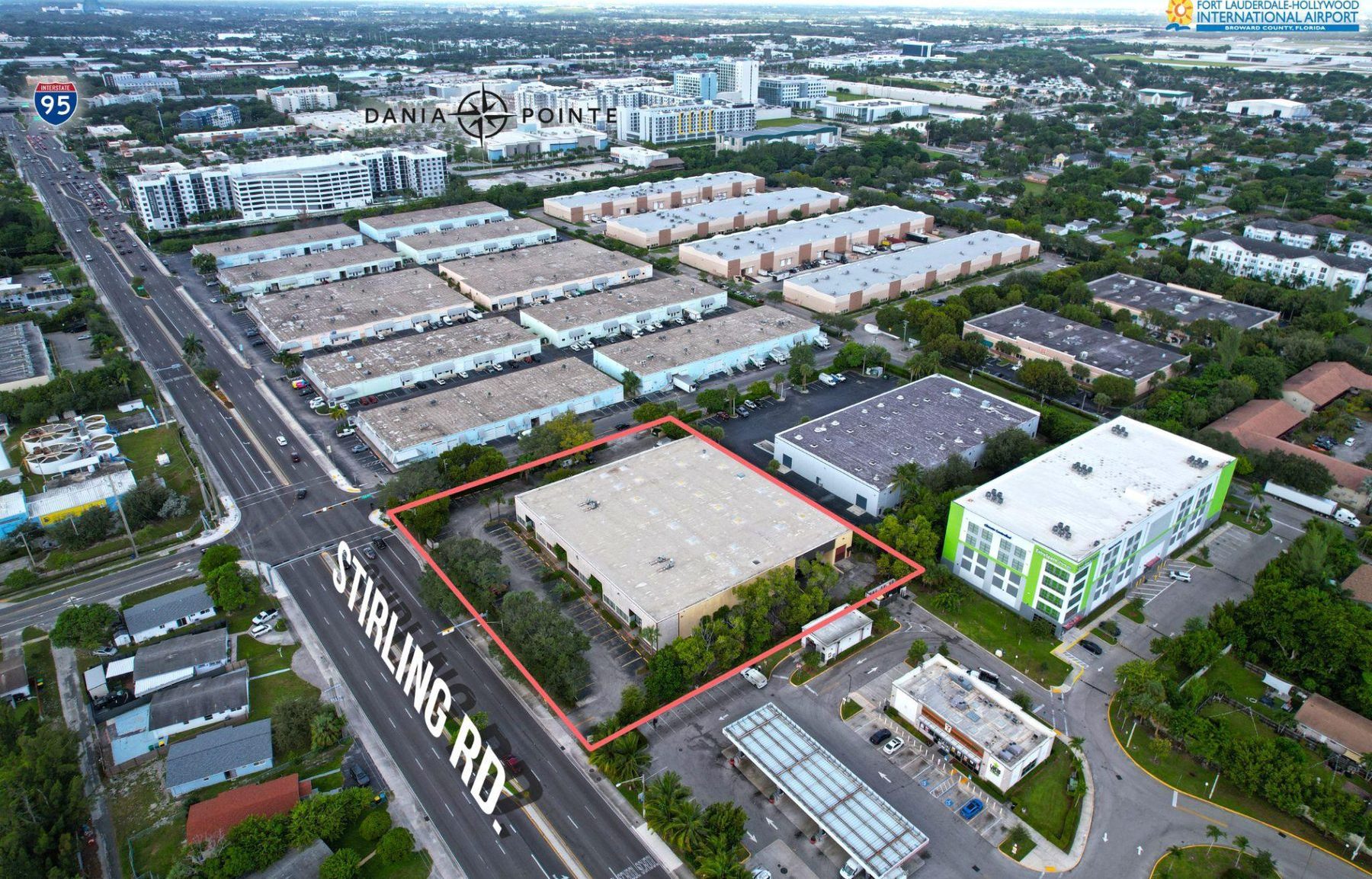 Aerial view of the property outlined in red on Stirling Road, looking toward I-95, Dania Pointe and Fort Lauderdale-Hollywood International Airport